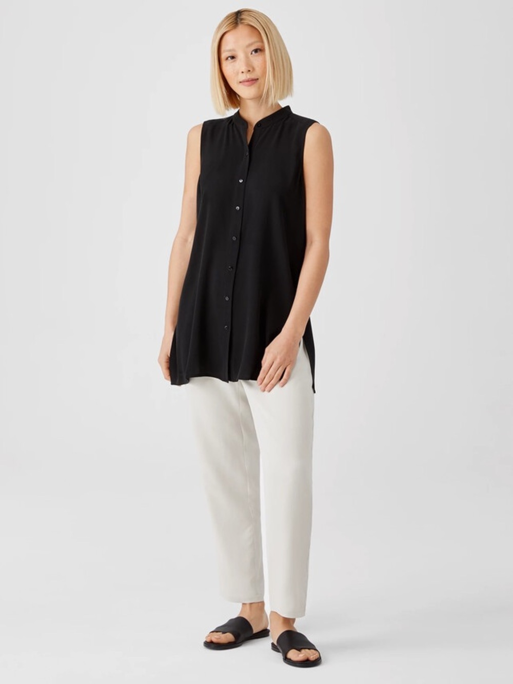Eileen Fisher L 100% Silk Elastic Waist Relaxed Fit Ankle Pant Minimalist Preppy